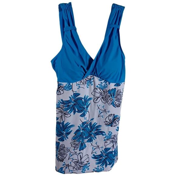 Tankini Women's Beach Swimsuit Cinched Top Blue White Black Floral Size XL - Picture 2 of 6